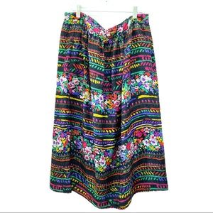 Vtg Silk Mixed Print Black Floral Midi Skirt 10